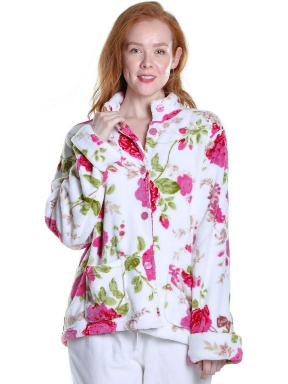 Cozy Floral Microfleece Bed Jacket for Women | Long Sleeve Loungewear Top